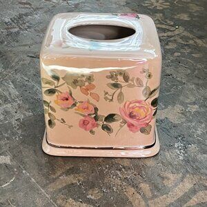 Vintage WAMSUTTA Ceramic Tissue Box Cover Roses Ivory Glossy Farmhouse Country